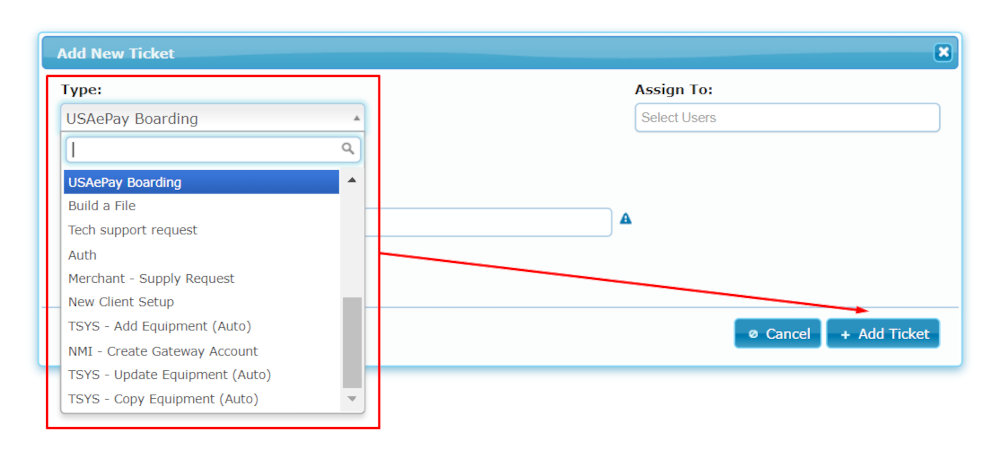 Add New Ticket for USAePay Merchant Onboarding in IRIS CRM Add New Ticket for USAePay Merchant Onboarding in IRIS CRM
