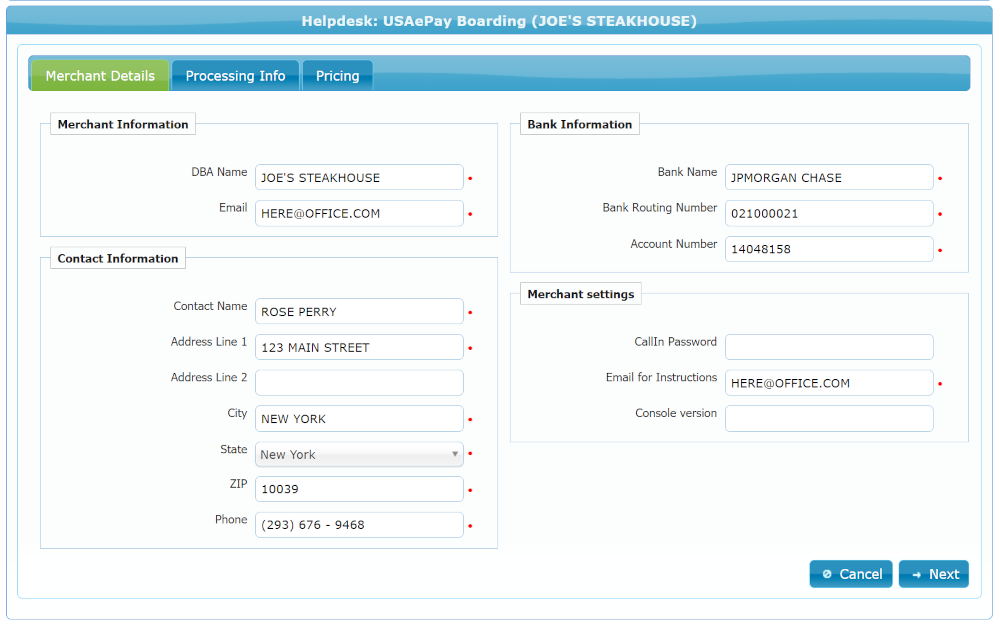 Merchant Details USAePay Onboarding in IRIS CRM Merchant Details USAePay Onboarding in IRIS CRM