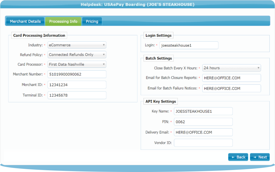 Step 2) Select the Merchant Processing Settings