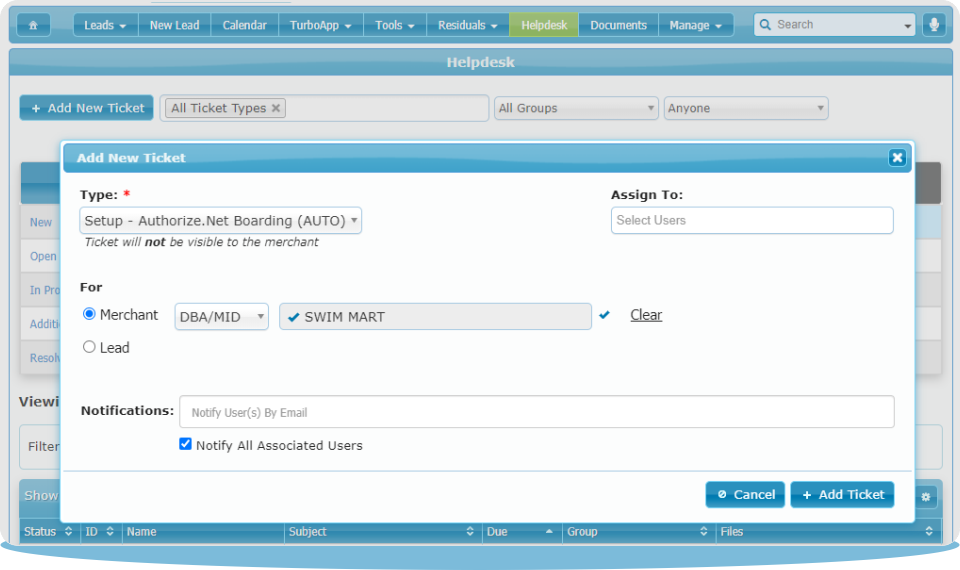 Launch a new Authorize.Net boarding ticket