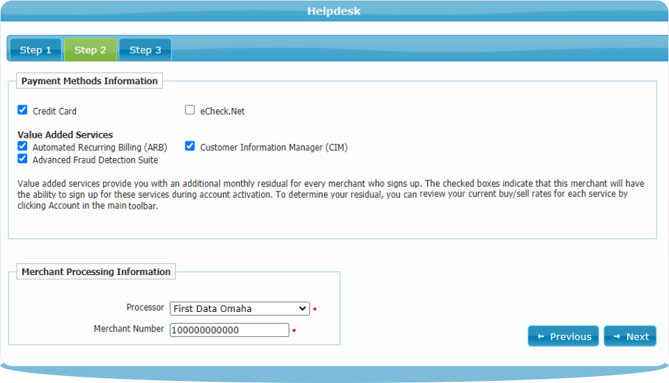 The payment methods section