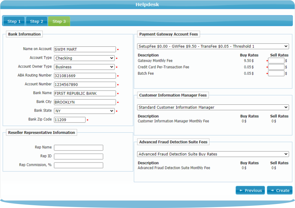 Merchant’s banking information