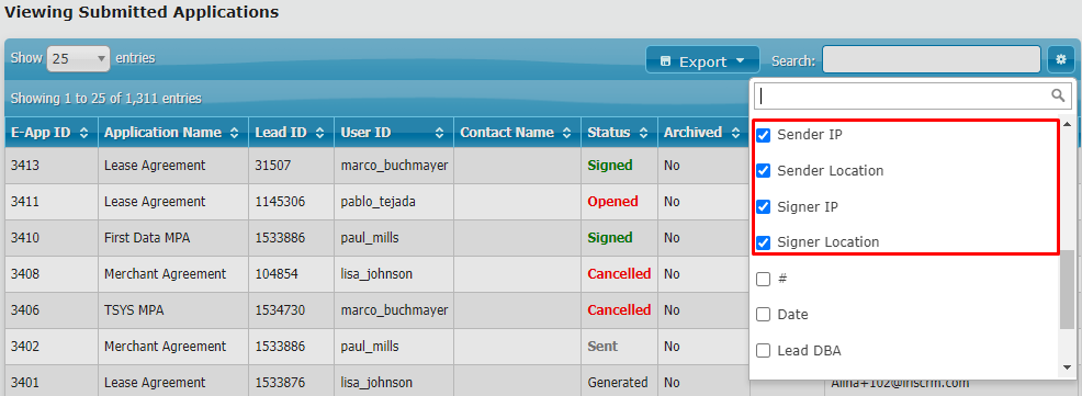 esign widget settings E-Sign Widget Columns