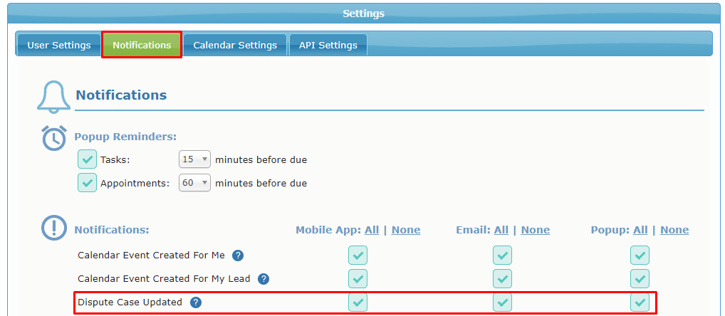 User Notification Settings