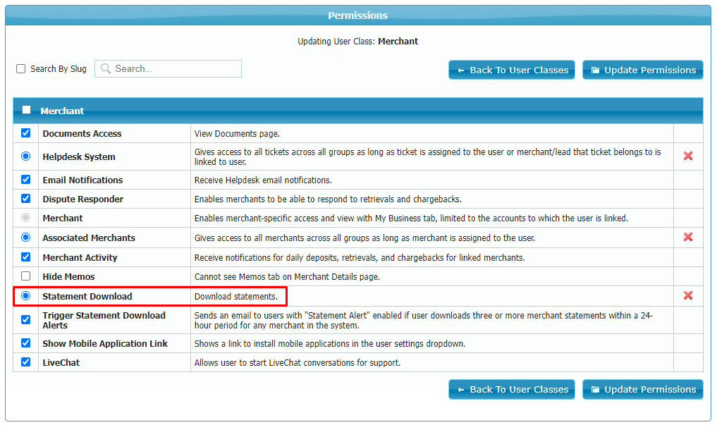 Merchant User Statement Permission Enabled Merchant User Statement Permission Enabled