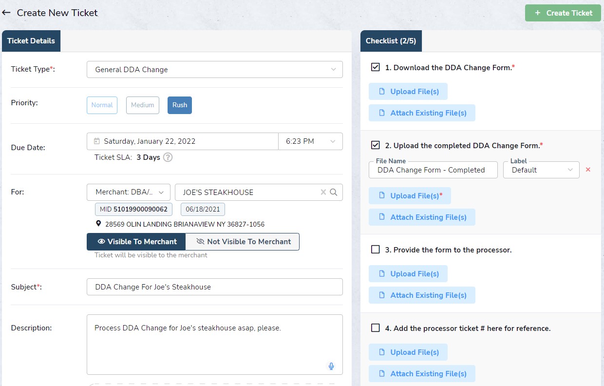 New User Interface Create Ticket Screen