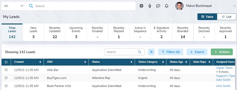 My Leads Table View in New UI