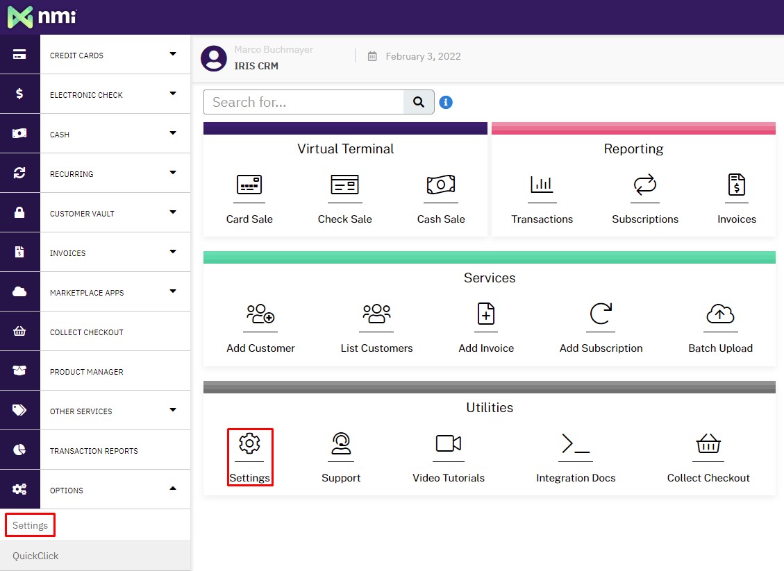 NMI Portal Settings NMI Portal Settings