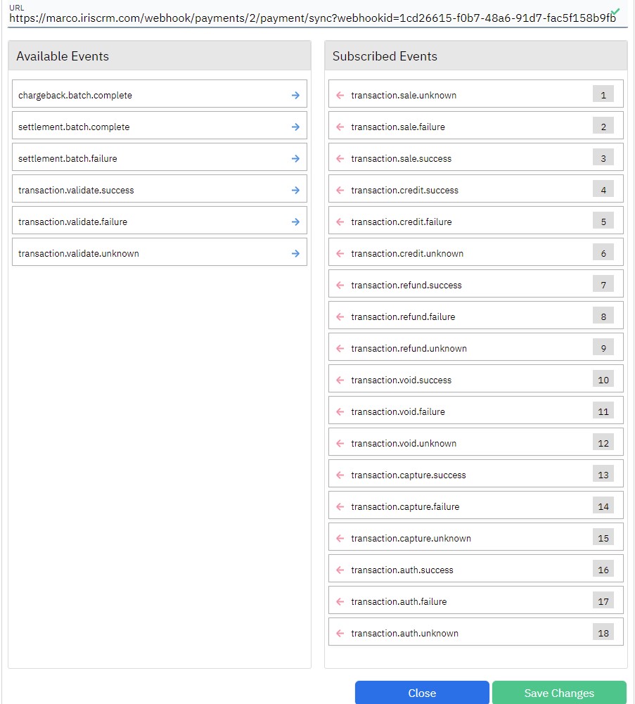 NMI Webhook Subscribed Events