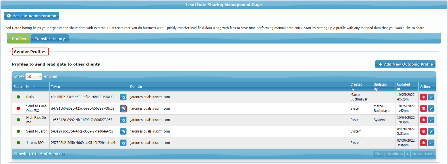 Copy Sending Profile Token