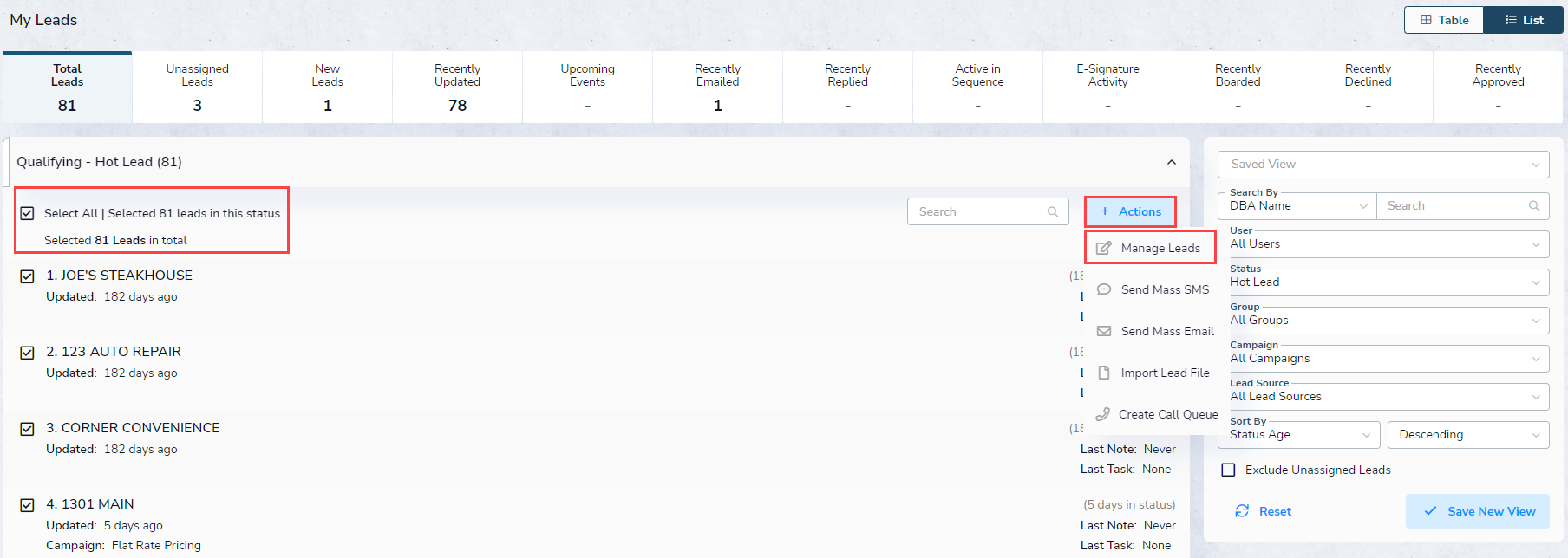 Manage Leads Action Manage Leads Action
